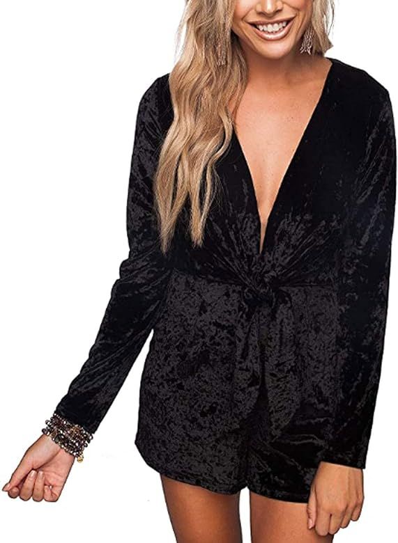 Buddy Love womens Crushed Velvet Tie Front Romper Black | Amazon (US)