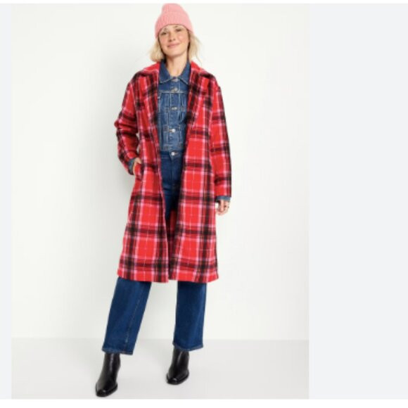 NWT Old Navy Soft Brushed Overcoat Red Tartan Plaid | Poshmark