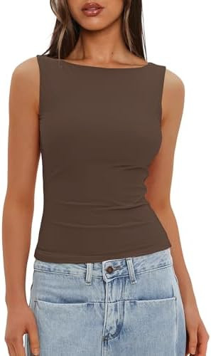 Darong Women Sexy Boat Neck Tank Top Summer Y2K Going Out Basic Cami Shirt 9081 Coffee S at Amazo... | Amazon (US)
