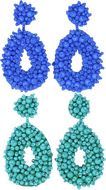 2 Pairs Statement Dangle Earrings for Women - Bohemian Beaded Round Drop Earrings Long Chandelier... | Amazon (US)