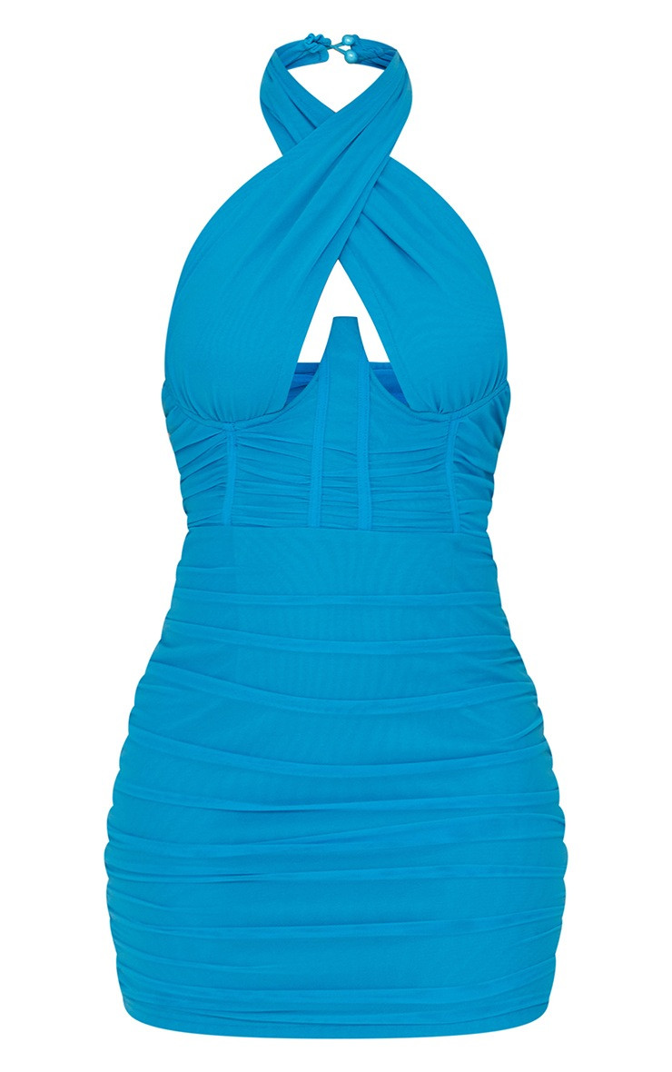 Blue Mesh Halterneck Underbust Corset Detail Bodycon Dress | PrettyLittleThing US