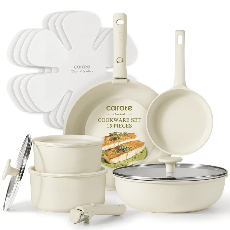 Carote Nonstick Cookware Sets, 15 Pcs Non Stick Pots and Pans Set with Removable Handle, White | Walmart (US)