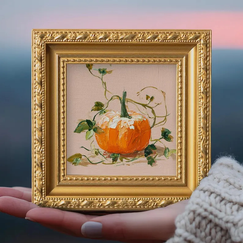 Original Pumpkin Oil Painting, Small Still Life Wall Art, Handmade Canvas Artwork, Fall Decor Gif... | Etsy (Global)