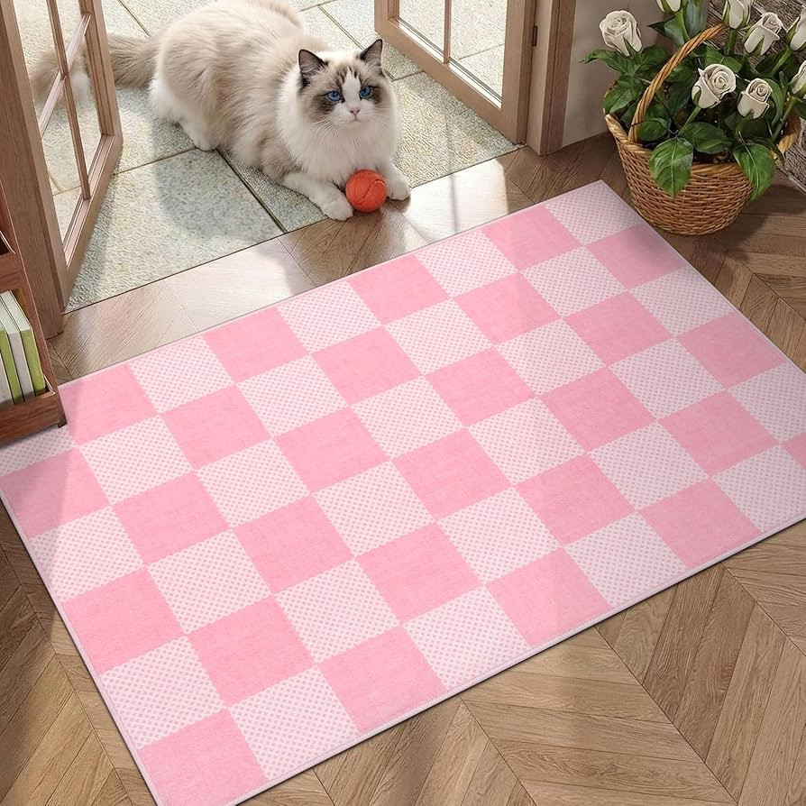 GarveeHome Checkered Blush Pink and White 2x3 Washbale Rug Door Mat Geometric Diamond Dot Modern ... | Amazon (US)