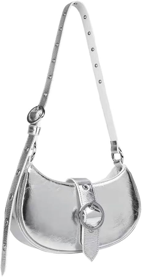 Y2K Silver Purses for Women Leather Crescent Shoulder Bag Metellic Hobo Crossbody Purse Tote Hand... | Amazon (US)
