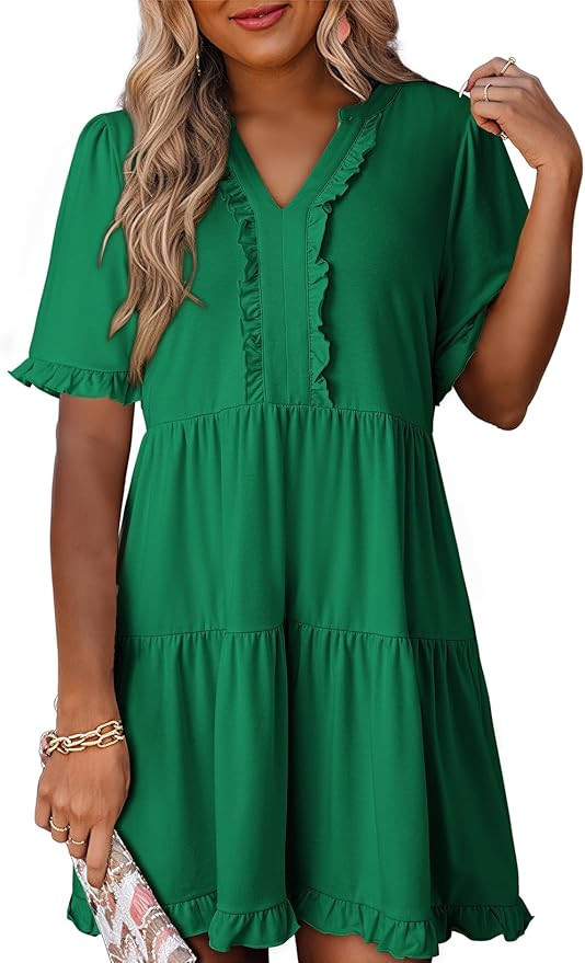 Dokotoo Womens Dresses 2025 Summer Spring V Neck Short Sleeve Casual A Line Flowy Swing Shift Dre... | Amazon (US)