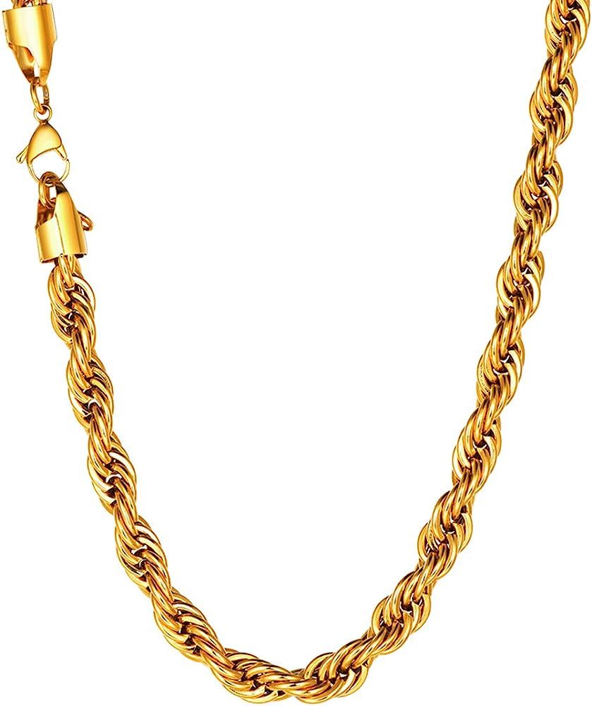 U7 Rope/Wheat Chain Necklace, 18k Real Gold Plated Strong Link with Lobster Claw Clasp, Color Sil... | Amazon (US)