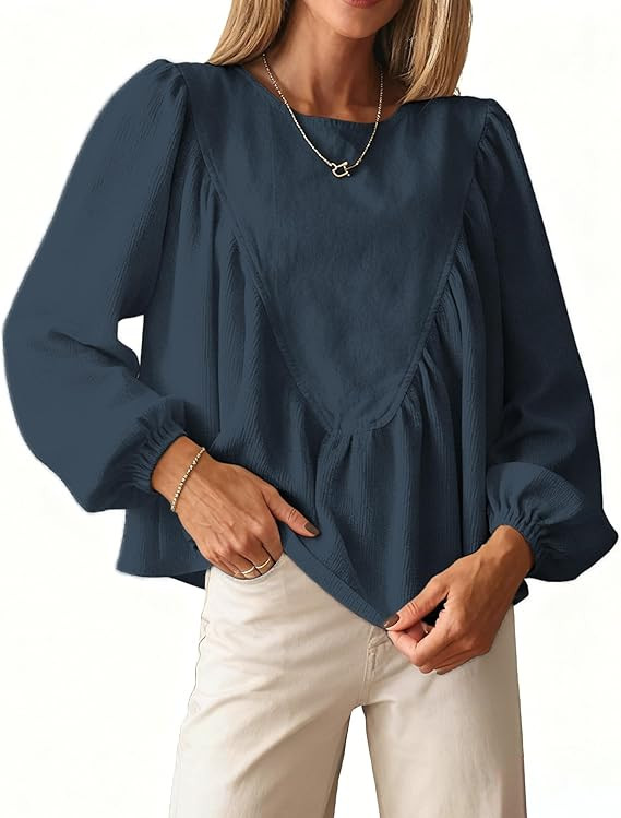 Women's Peplum Babydoll Top Waffle Knit Shirt with Back Button Lantern Sleeves for Casual Outfits | Amazon (US)