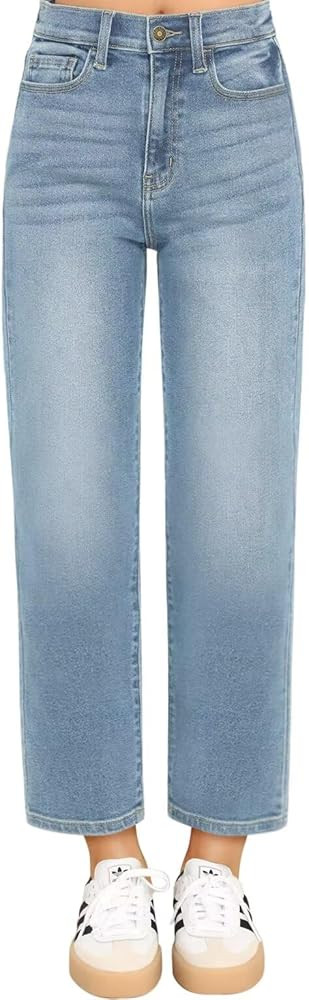KDF Women's Cropped Straight Leg Jeans - High Waisted Jeans for Women 7/8 Length Denim Pants with... | Amazon (US)