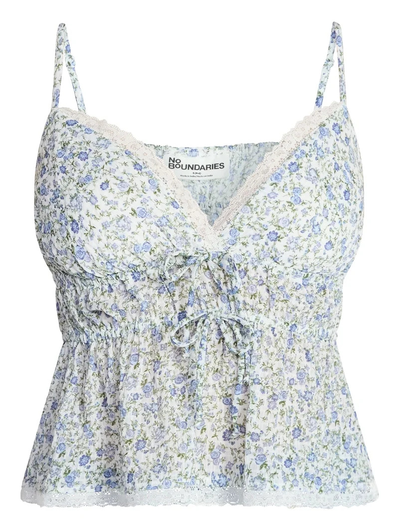 No Boundaries Tie Front Tank Top with Lace Trim, Women's XXS-XXXL | Walmart (US)