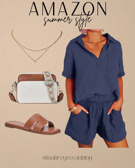 Summer style from Amazon! 

Amazon outfit, 2 piece navy short set, neutral slides, crossbody purse, monogram named layered necklace 