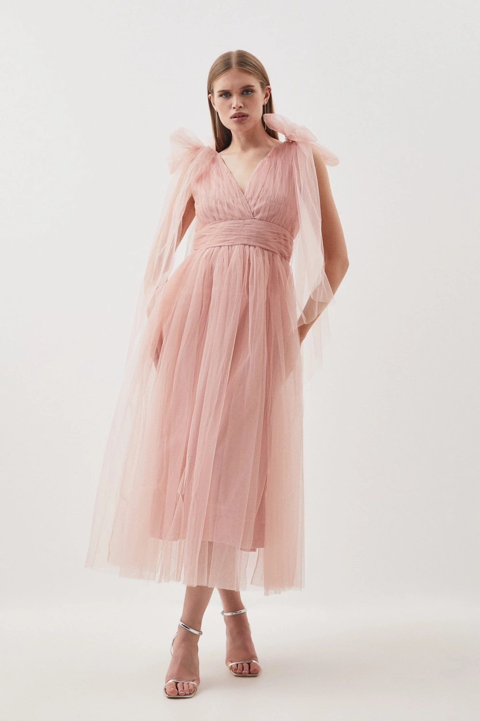 Tulle Tie Straps Plunge Woven Midi Dress | Karen Millen US