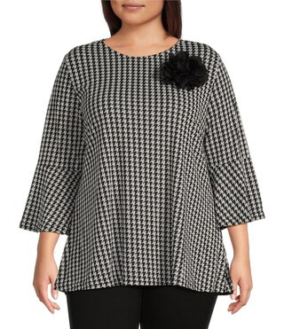 Plus Size Houndstooth Print Crew Neck 3/4 Sleeve Rosette Detail Tunic | Dillard's
