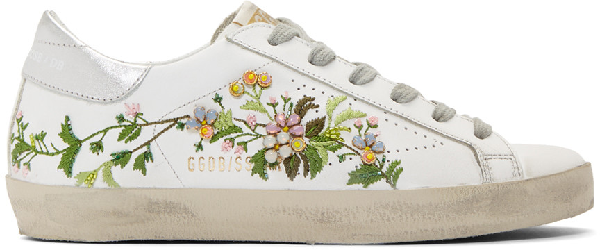 White Flowers Embroidered Superstar Sneakers | SSENSE