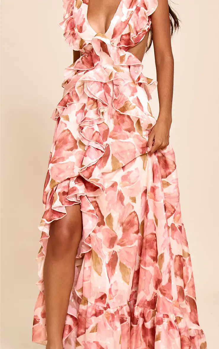 Petite Blush Floral Frill Maxi Dress | PrettyLittleThing UK