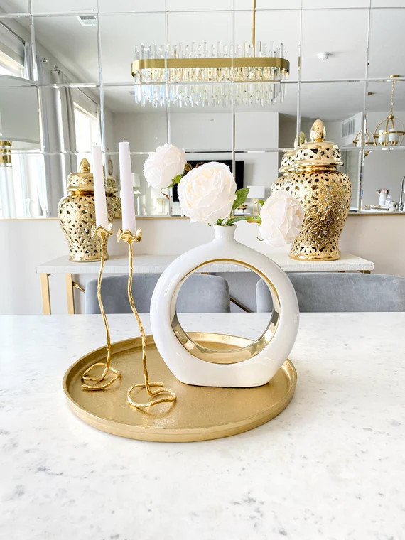 White Ceramic Vase, Gold & White Vase, gold Tulip Vase, Glam Vase, Housewarming Gift | Etsy (US)