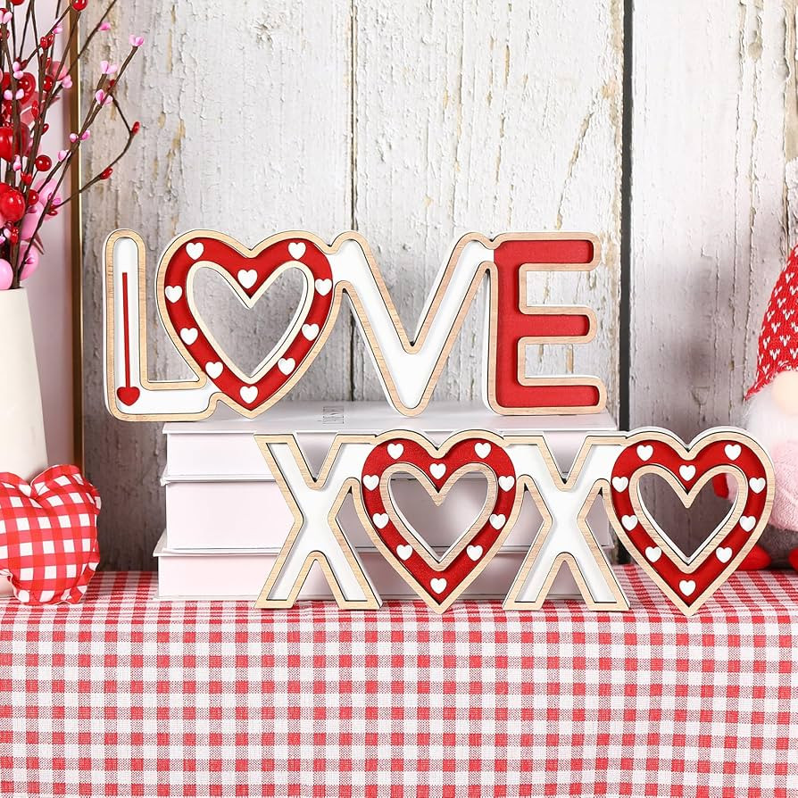 Valentines Day Decorations - 2PCS Wooden LOVE and XOXO Tabletop Sign-Classic White Red Valentines... | Amazon (US)