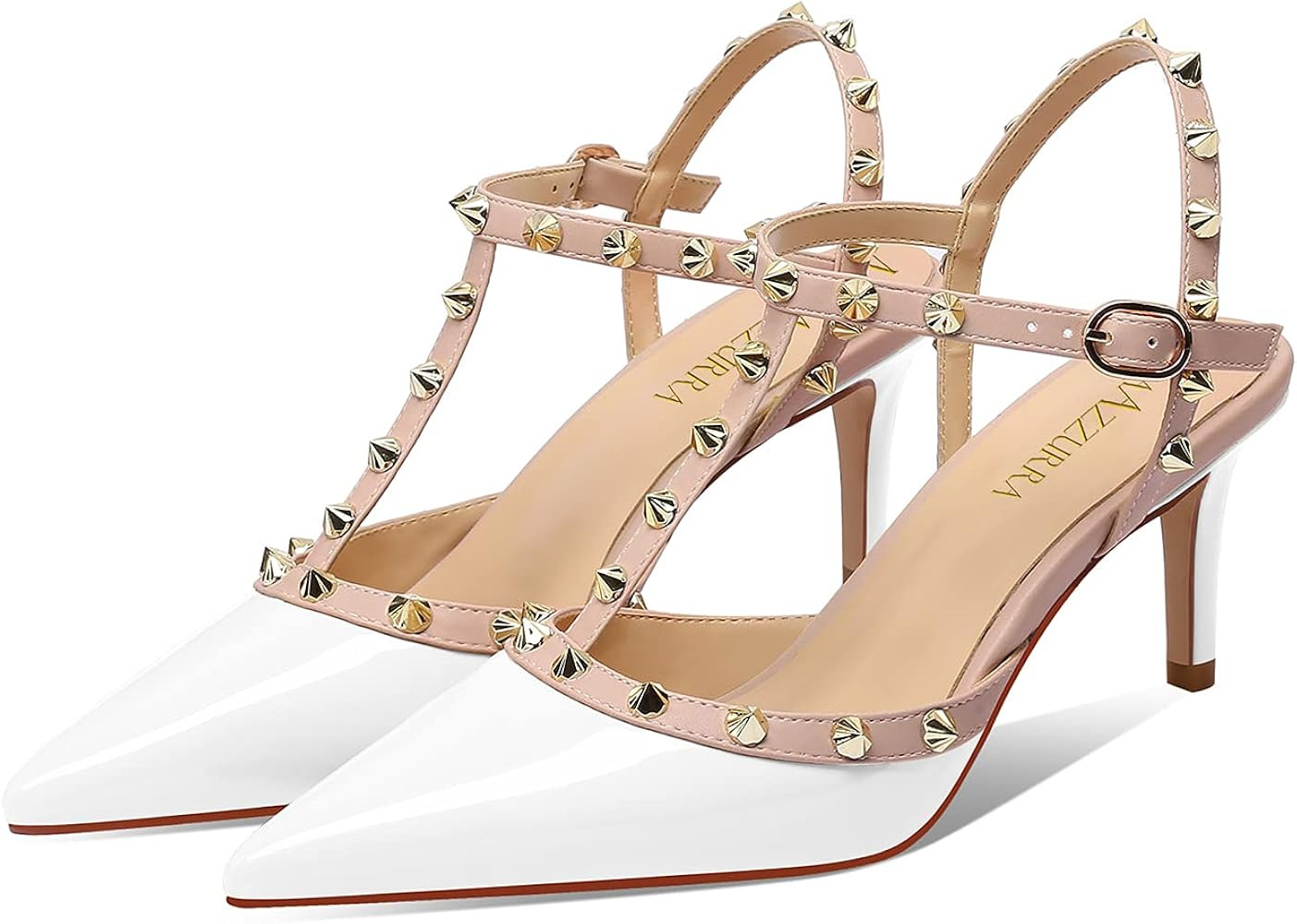 MIRAAZZURRA Women Heeled Sandals Rivet Studded T-Strap Wedding Shoes Stiletto High Heels Pointed ... | Amazon (US)