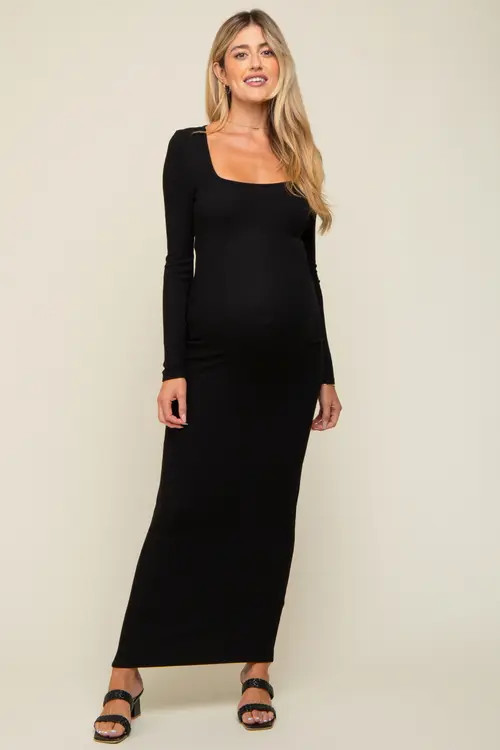 PinkBlush Ribbed Long Sleeve Square Neck Maxi Dress in Black at Nordstrom, Size Large | Nordstrom