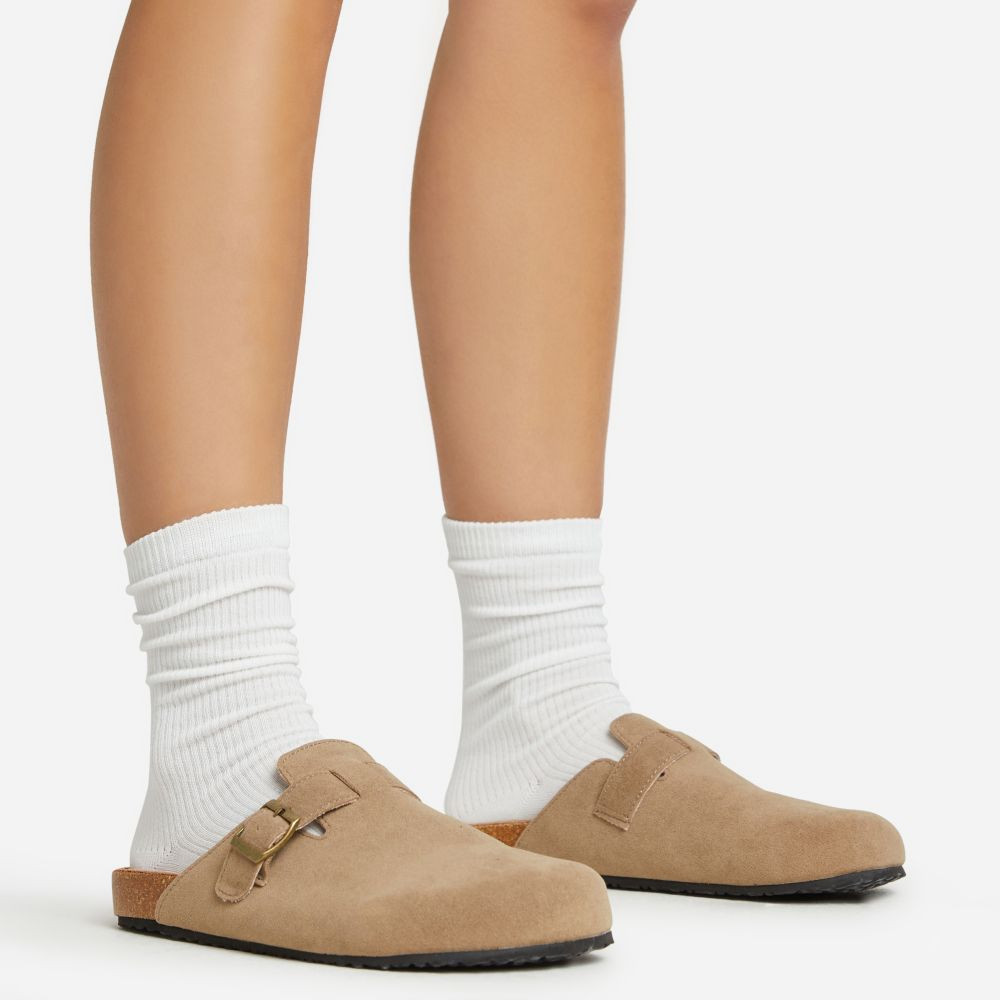 Stare Buckle Detail Slip On Flat Mule In Taupe Faux Suede | EGO (UK)