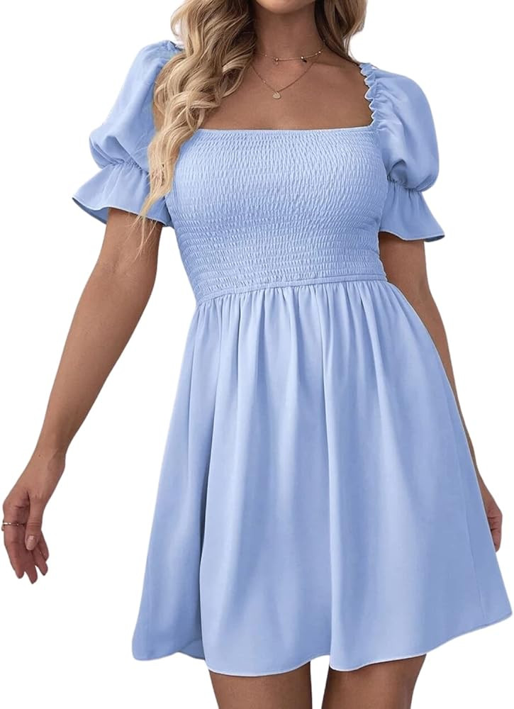 LERENSHA Women's Off Shoulder Cute Square Neck Puff Sleeve Flounce Shirred Ruffle Smocked A-Line Sho | Amazon (US)