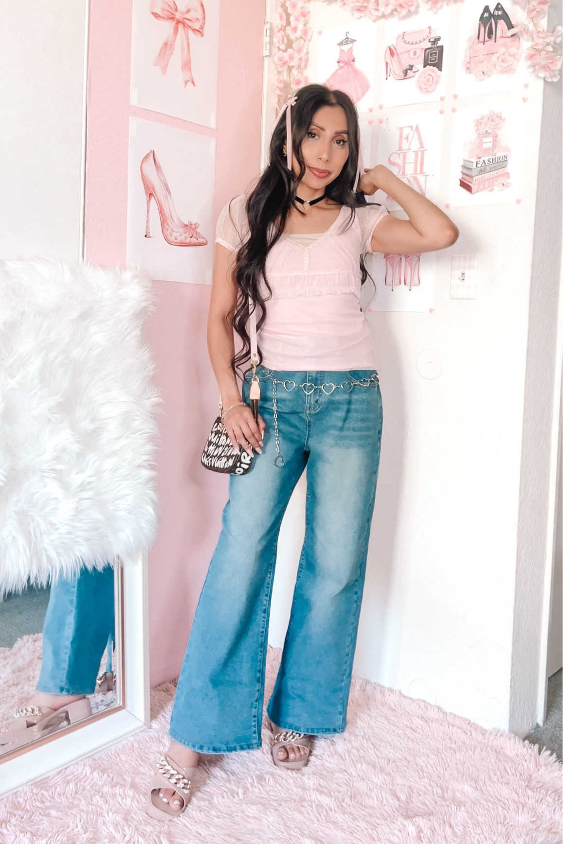 Pink mesh lace y2k inspired top, wide leg denim, jelly sandals with rhinestone trim, and a small handbag. #y2kinspired #y2kfashion #girlyfashion

#LTKFindsUnder50