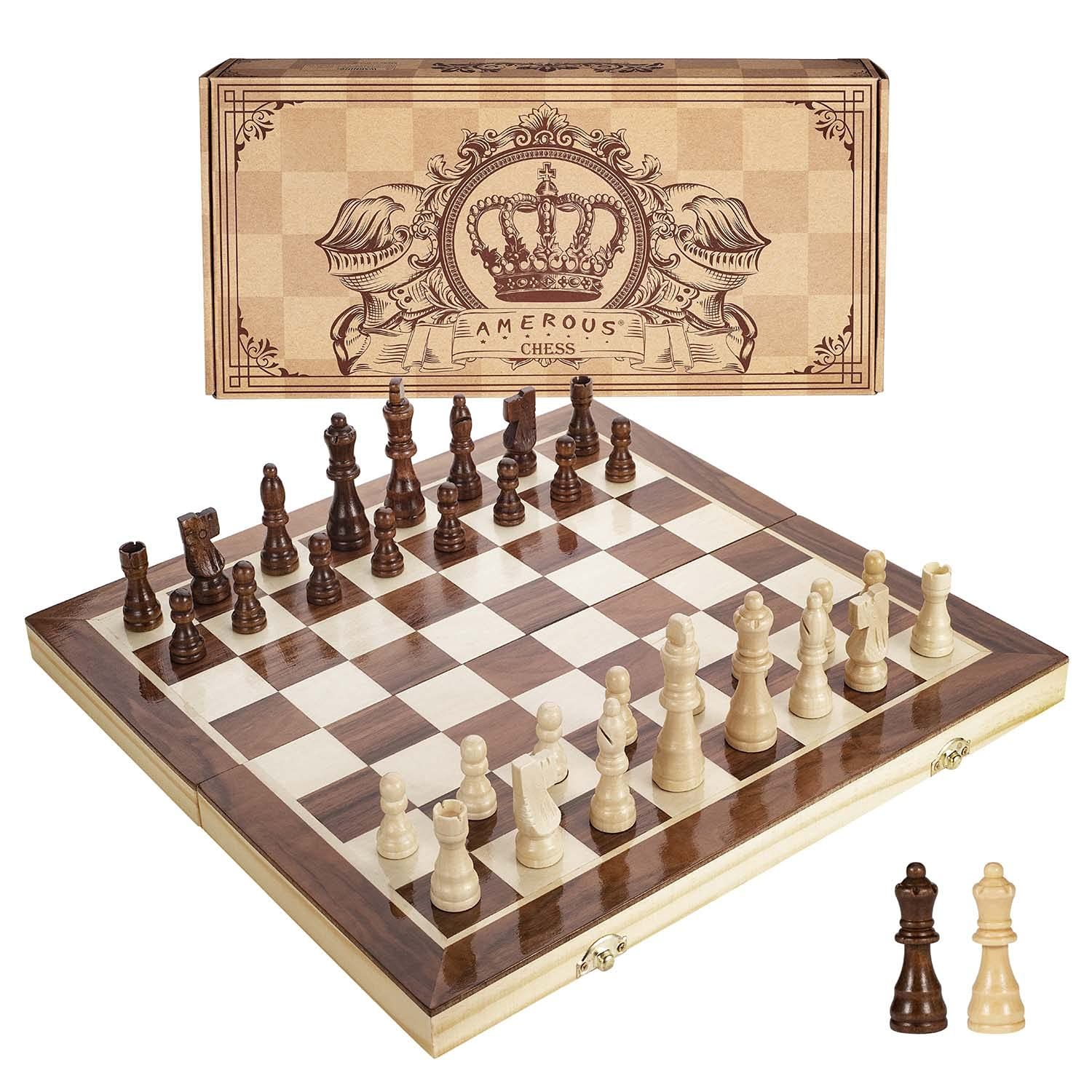 Amerous 15 Inches Magnetic Wooden Chess Set - 2 Extra Queens - Folding Board, Handmade Portable Trav | Amazon (US)
