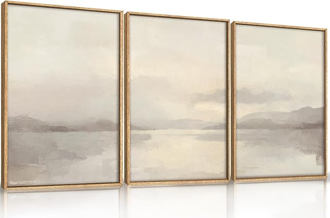 LHIUEM Large Abstract Neutral Beige Pastel Framed Canvas Wall Art,Modern Watercolor Lakes Wall De... | Amazon (US)