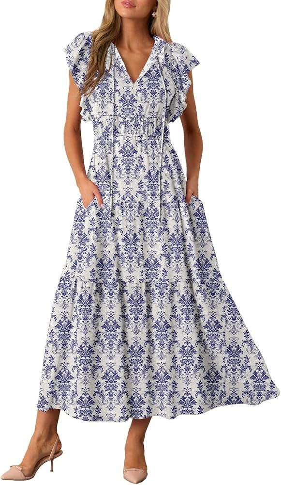 BLENCOT Womens Cotton Floral Maxi Dresses Casual Flowy Boho Dresses Summer Ruffle Short Sleeve V ... | Amazon (US)