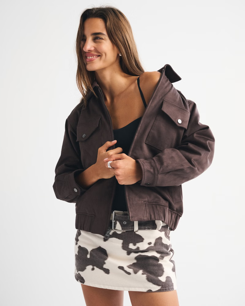Women's Vegan Suede Bomber Jacket | Women's New Arrivals | Abercrombie.com | Abercrombie & Fitch (US)
