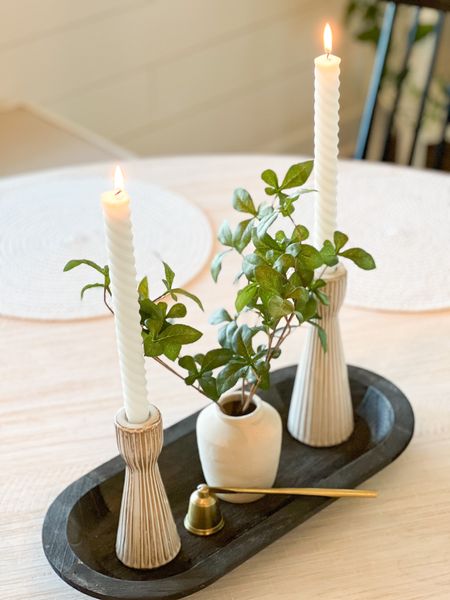 Dining table styling, centerpiece, Target faux plants, World Market candle holder, rope taper candle white, distressed black dough bowl, Hearth & Hand, gold candle snuffer 

#LTKunder50 #LTKsalealert #LTKhome