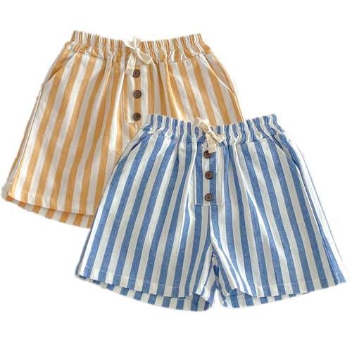 Ashmyova Classic Shorts for Boys Thin Cotton Stripe Elastics Waist Casual Summer Toddler Shorts Lightweight 2Pcs Blue/Yellow Size 5-6T | Amazon (US)