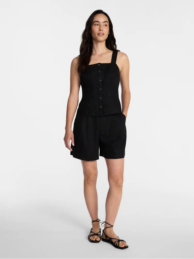 Time and Tru Women's Linen Blend Button Front Tank Top with Adjustable Straps, Sizes XS-XXXL | Walmart (US)