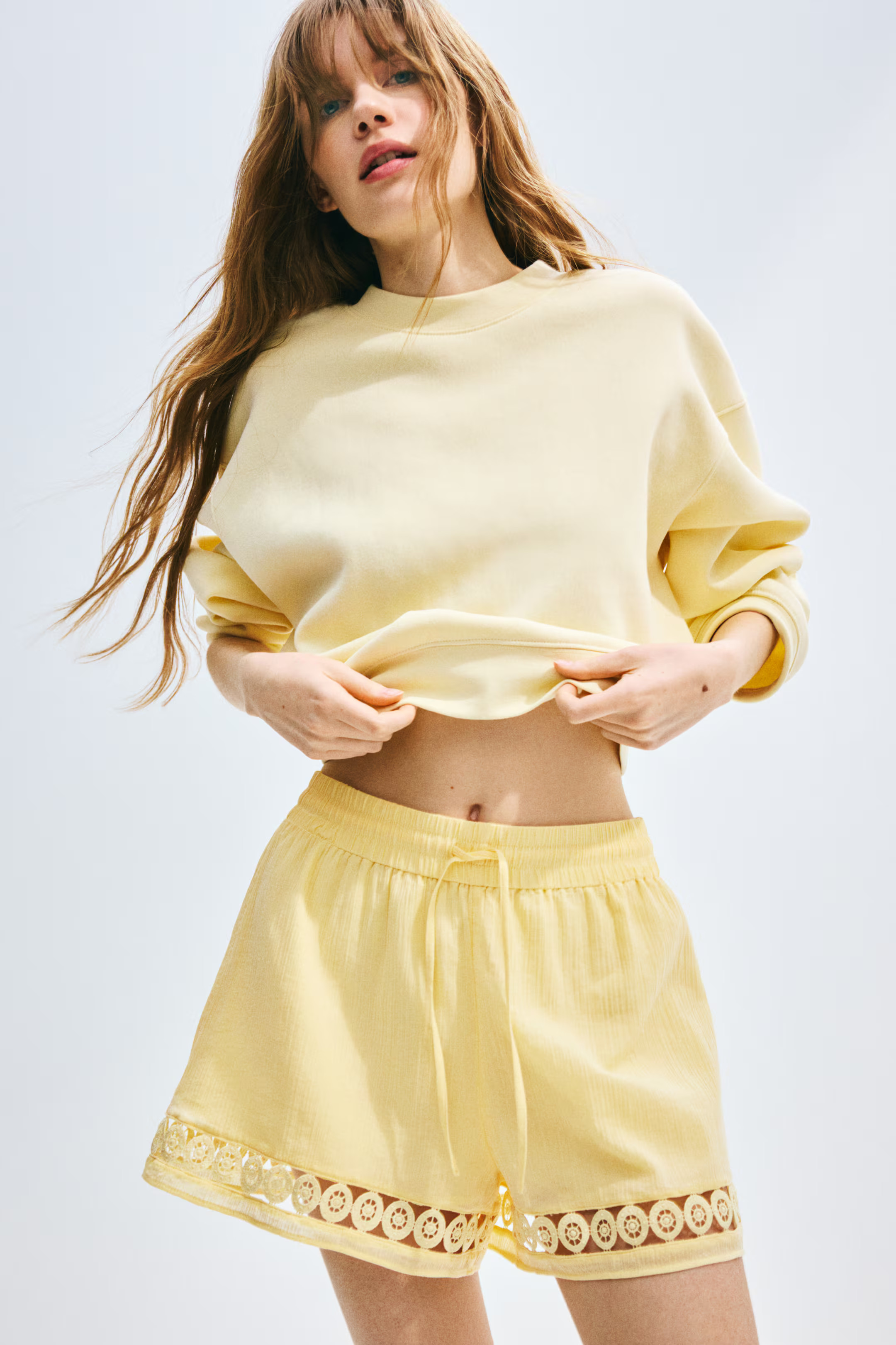 High-Waist Lace-Inset Drawstring Shorts | H&M (US + CA)