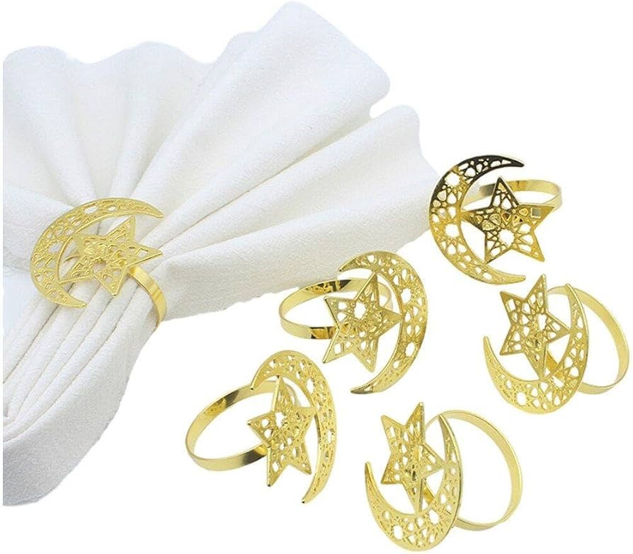 Ramadan Napkin Rings, 6 Pcs Metal Star Moon Napkin Rings Gold Napkin Holders Buckles for Eid Muba... | Amazon (UK)