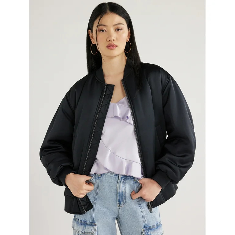 Scoop Women's Oversized Satin Bomber Jacket with Rouched Sleeves, Sizes XS-XXL | Walmart (US)