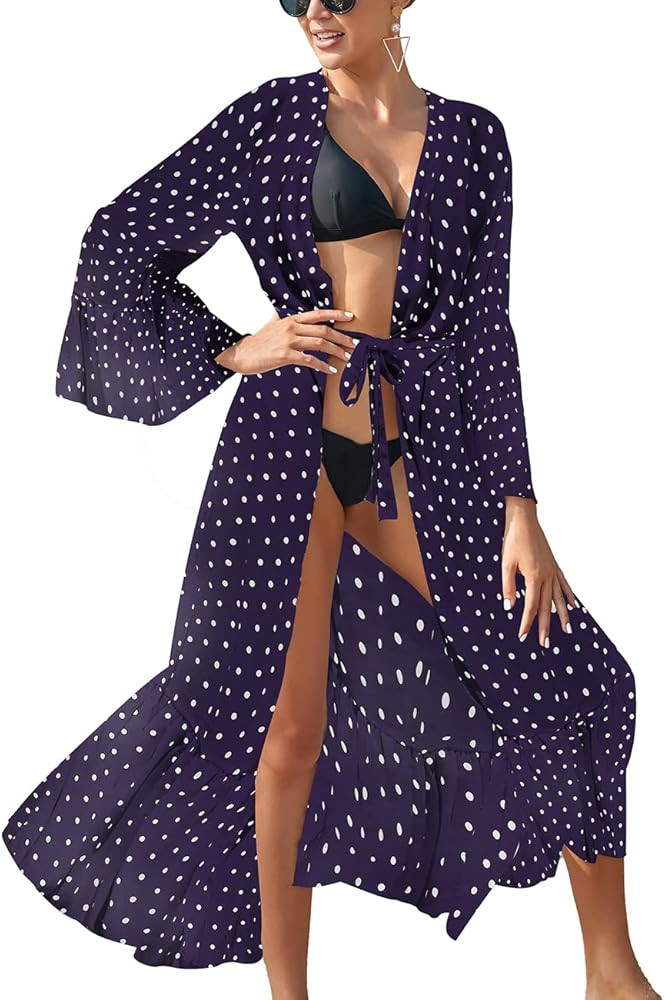 Bsubseach Women Chiffon Dot Print Beach Kimono Cardigan Long Bathing Suit Cover Up | Amazon (US)