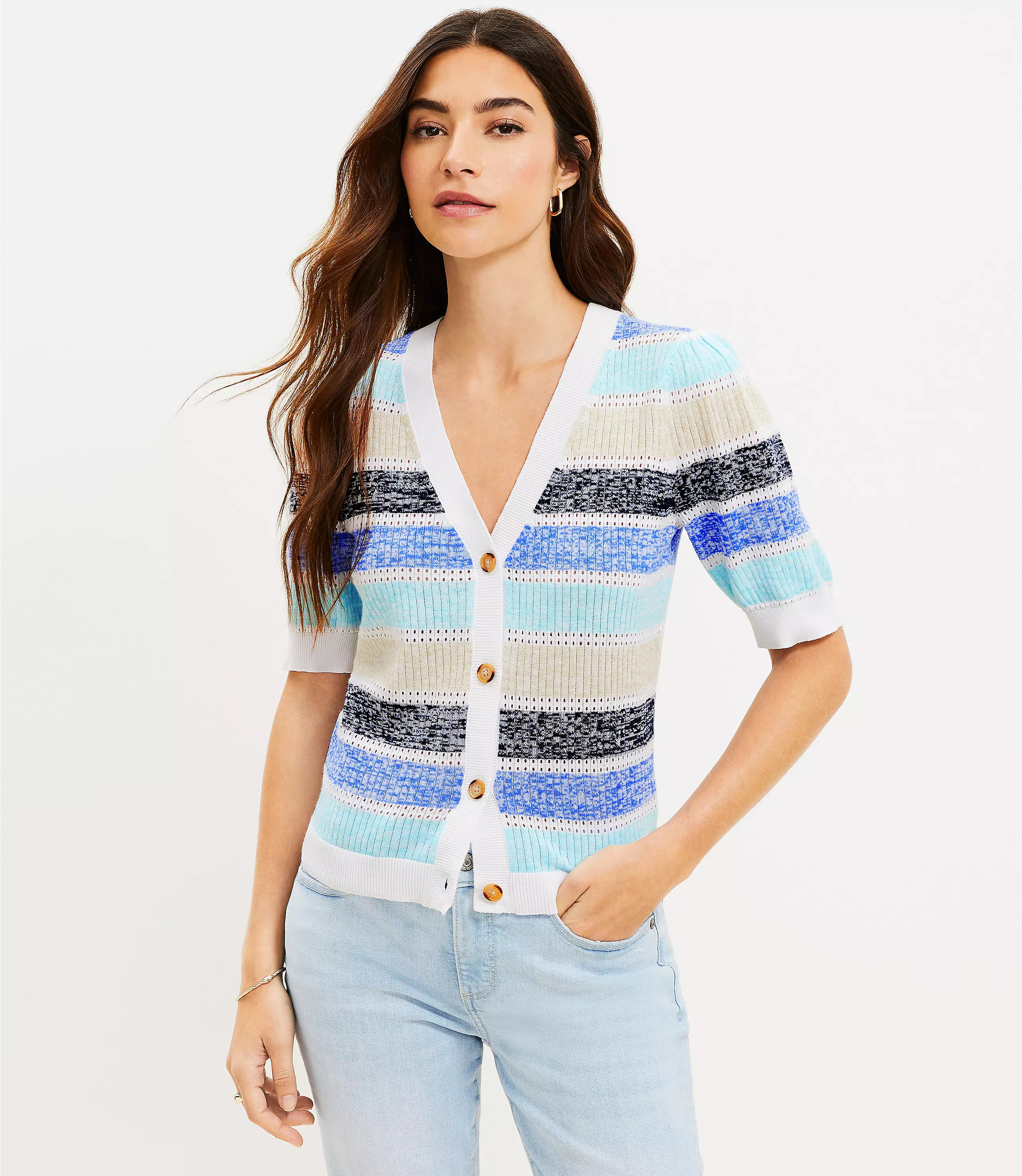 Striped Pointelle Puff Sleeve V-Neck Cardigan Top | LOFT