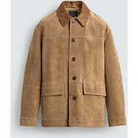 Zara - Matching Collar Suede Leather Jacket - Taupe Brown - L - Man | Zara US