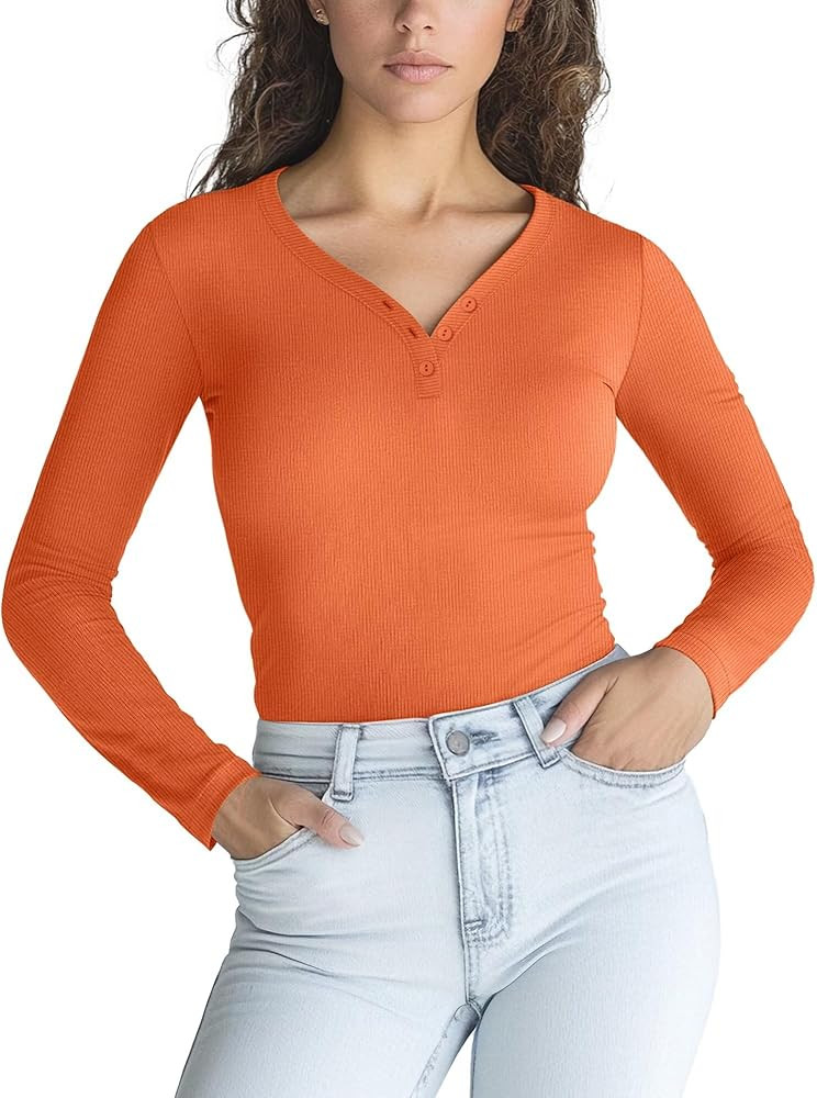 Womens Henley Tops Long Sleeve Ribbed Knit V-Neck Slim Fitted Button Layering T-Shirts for Spring... | Amazon (US)