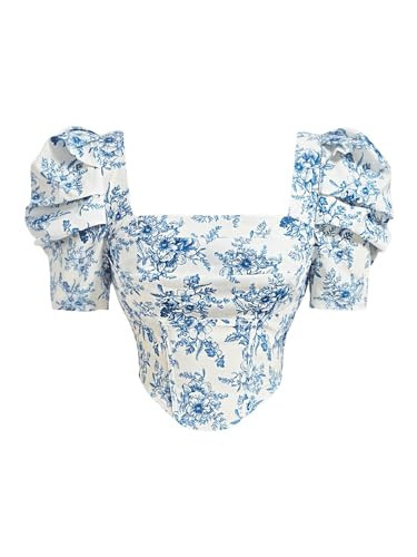 Floerns Women's Floral Square Neck Puff Sleeve Blouse Asymmetrical Elegant Corset Crop Top Blue and White X-Small | Amazon (US)