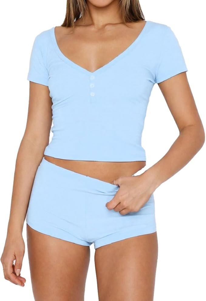 ForeFair Womens Pajama Sets Button Down Short Sleeve Tops and Shorts Cute Ribbed Knit Pj Set Slee... | Amazon (US)