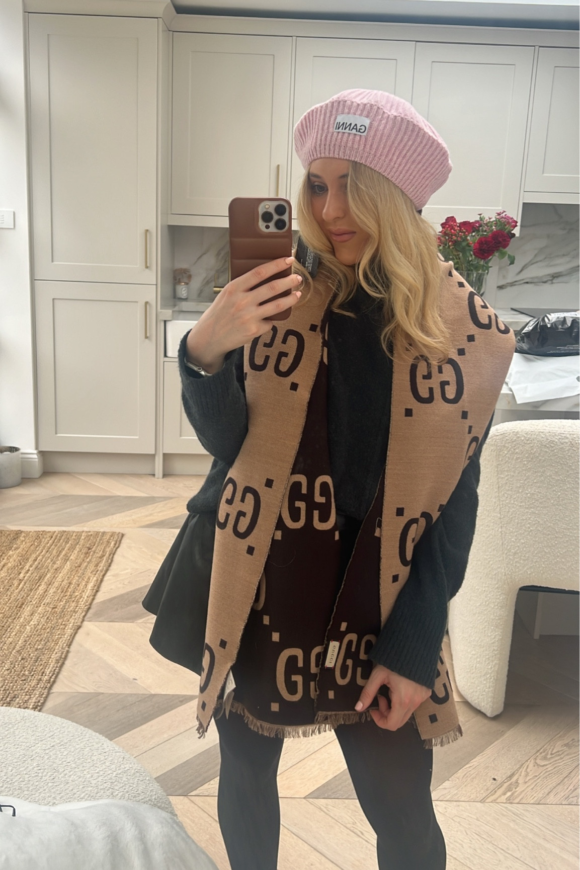 Gucci scarf - gg scarf - gucci marmont logo scarf - gucci cape - beret - ganni beret - Farfetch - leather shorts - all saints roll neck - all saints jumper - all saints knitted jumper 

#LTKunder50 #LTKeurope #LTKstyletip