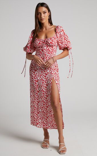 Rosario Midi Dress - Ruched Bust Puff Sleeve Dress in Red Ditsy Floral | Showpo (US, UK & Europe)