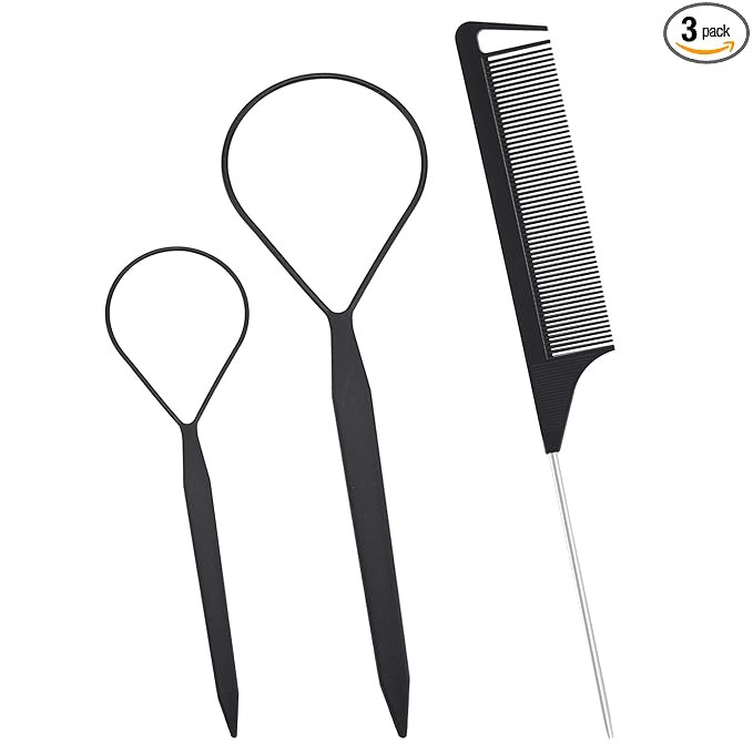 Quacc 3 PCS Hair Styling Tool Set Topsy Tail Hair Tools with Tail Comb (Black) | Amazon (US)