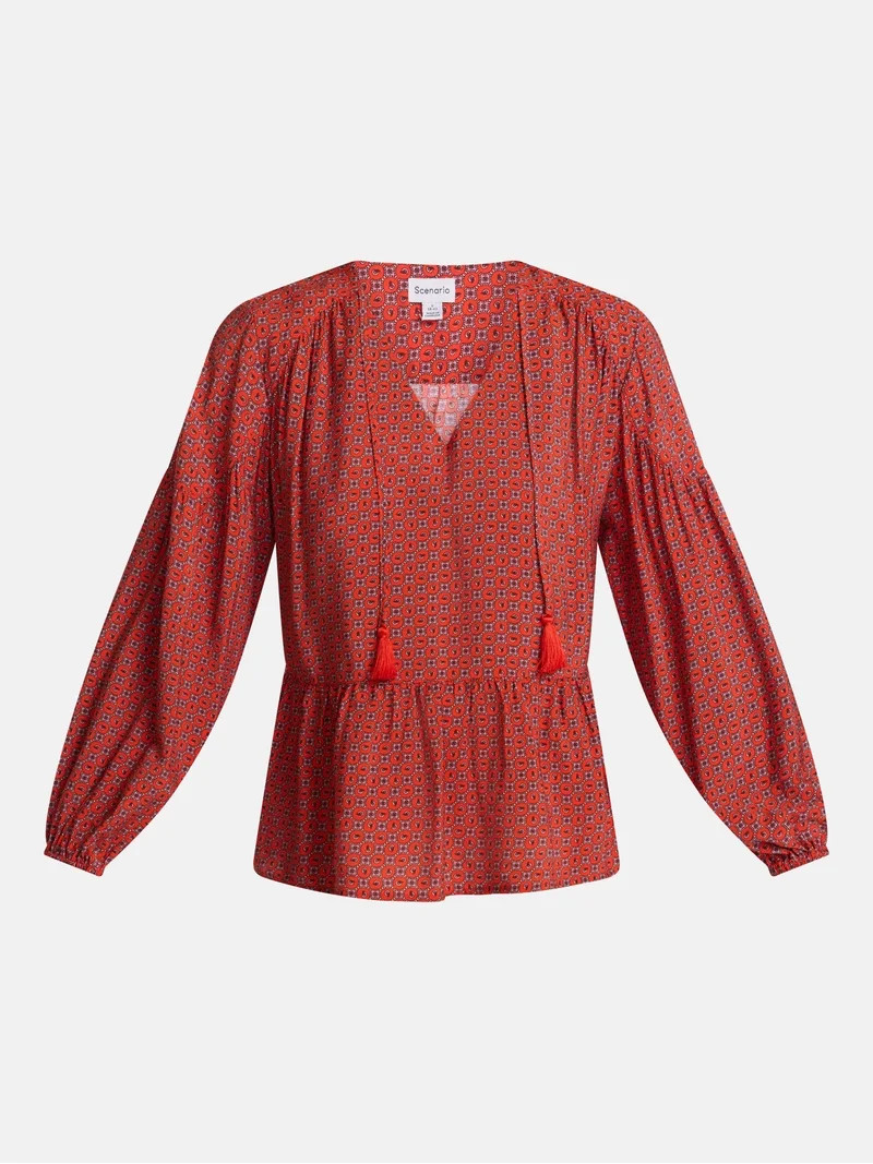 Scenario Women's Gathered Yoke Blouse with Long Sleeves, Sizes XS-XXXL | Walmart (US)