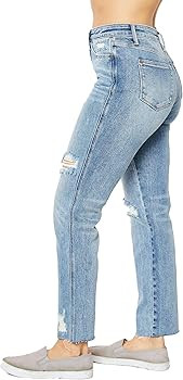 Judy Blue Women's High-Rise Rigid Magic Straight Leg Jeans with Raw Hems and Destroyed Details | Amazon (US)