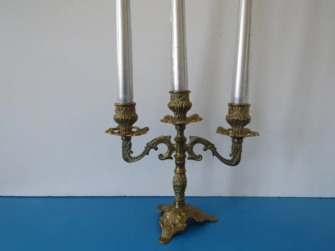 Vintage Brass 3-branched Candlestick / 3-arm Candelabra, Golden and White Metal, Hollywood Regenc... | Etsy (US)