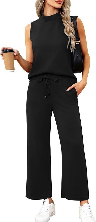 Casly Lamiit Women's Summer 2 Piece Outfits Mock Neck Tank Top Cropped Wide Leg Pants Lounge Sets... | Amazon (US)
