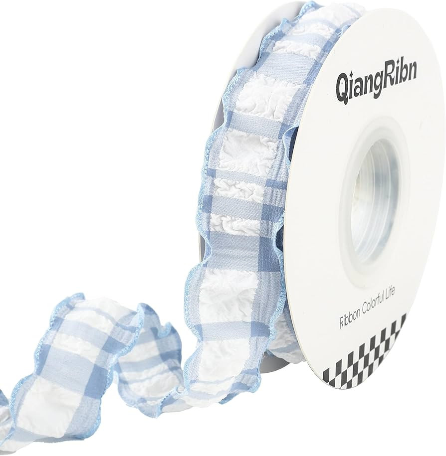 QIANGRIBN 1 Inch 10 Yards Gingham Ribbon Blue Plaid Ribbon Ruffled Edge Polyester Fabric for Gift... | Amazon (US)